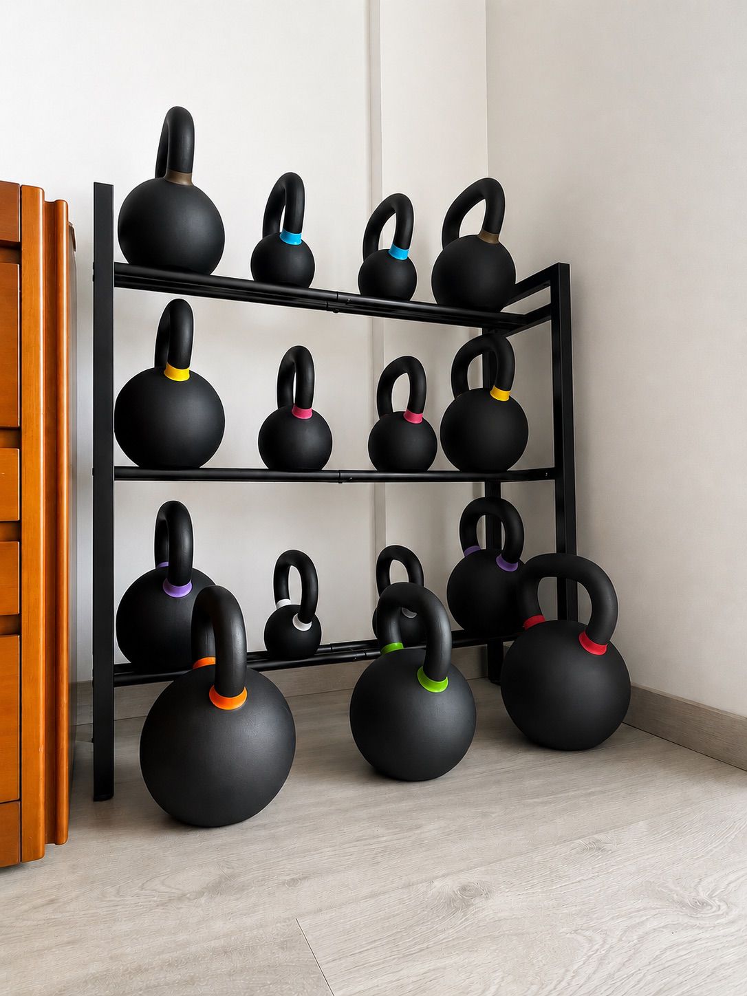 Set completo di kettlebell di varie dimensioni su rastrelliera nera in casa